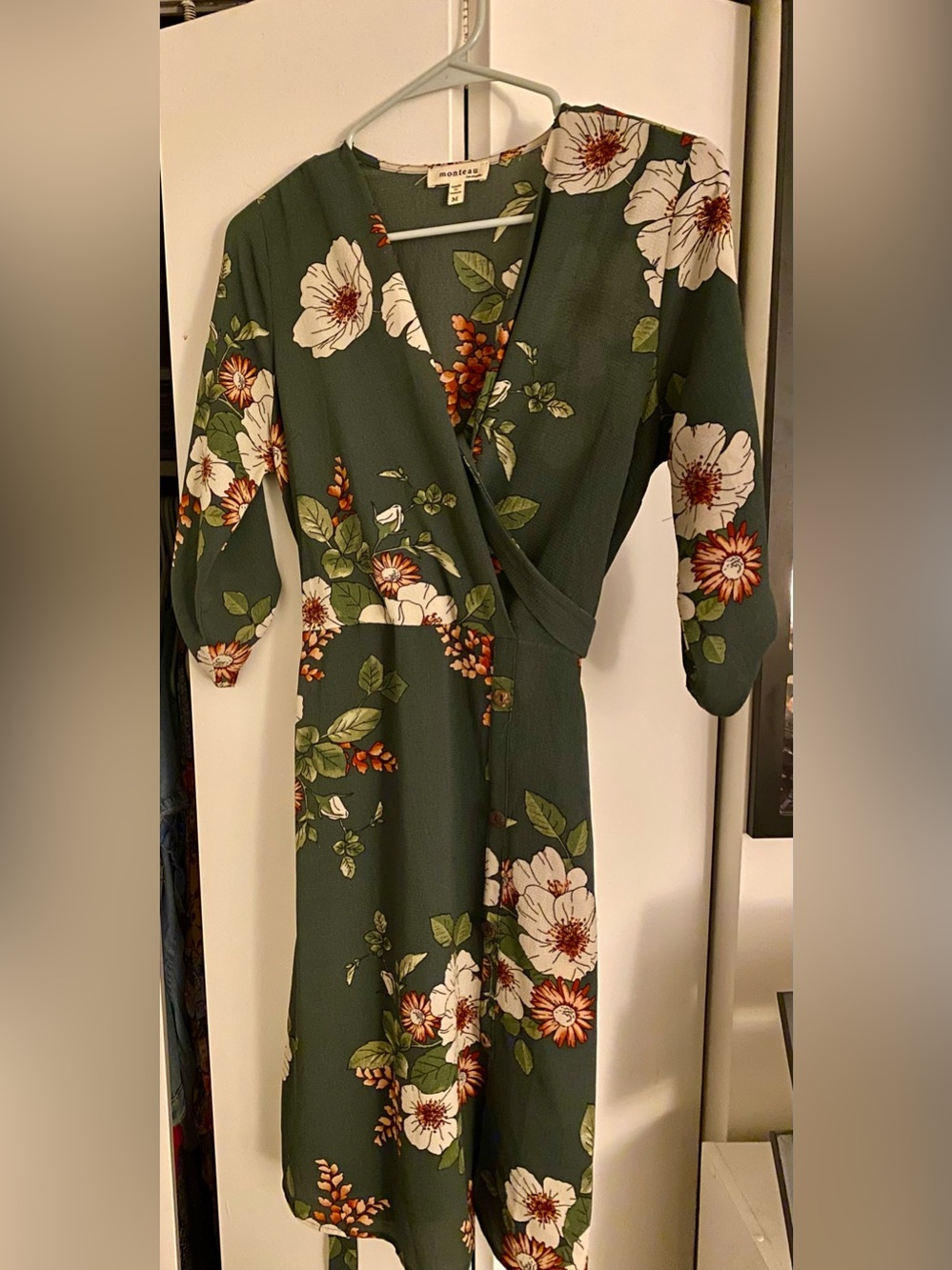 Monteau Olive Green Floral Wrap Midi Dress